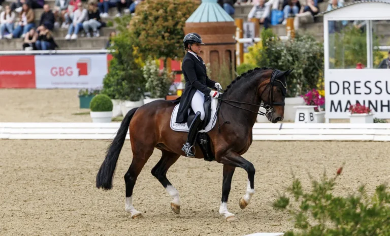 Olympiasiegerin Dorothee Schneider gewinnt die Dressur Kür im großen Stadium und hat mit ihrem Dayman „sehr viel Spaß“